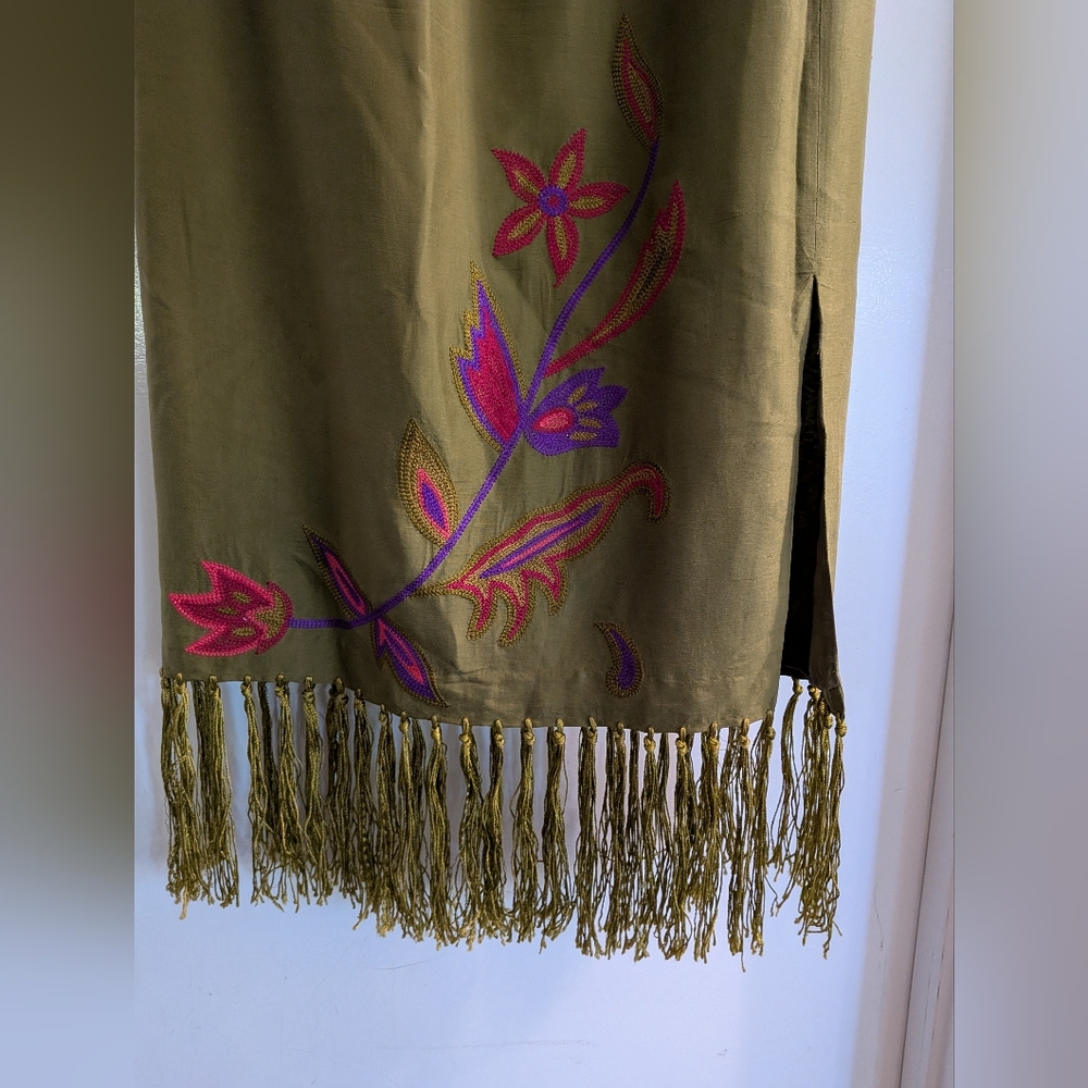 Clio Petites Silk Olive Skirt with Pink and Purple Embroidery Maxi Fringe Skirt - Picture 2 of 7